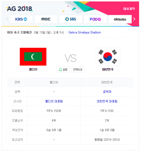 2018 아시안게임 여자 축구 중계 한국 vs 몰디브